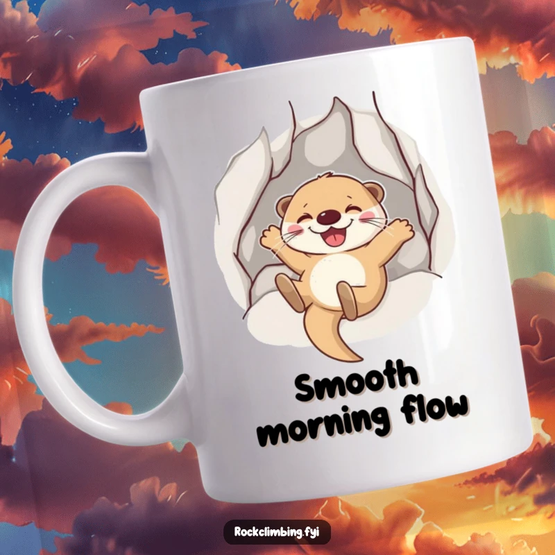 Funny Otter Sliding Mug: A joyful otter grins while sliding down a rock face, perfect for fun-loving gift.