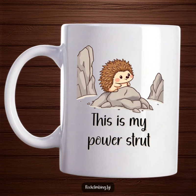 Funny mug featuring a brave hedgehog inching sideways across a rocky outcrop with a proud, pleased expression.