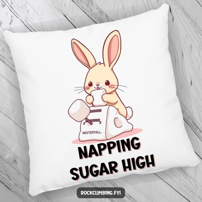 Funny bunny pillow with a bunny climbing a marshmallow, offering plush comfort and a dose of sweet humor.