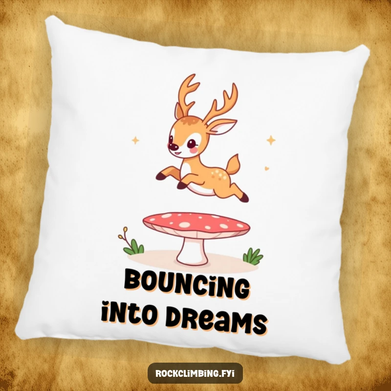 Funny pillow, a deer humorously bouncing on a mushroom trampoline, a comical, cozy accent for any room.