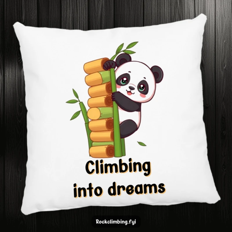 Funny panda climbing a tall bamboo stack on a soft pillow, offering comfortable support and humorous motivation.