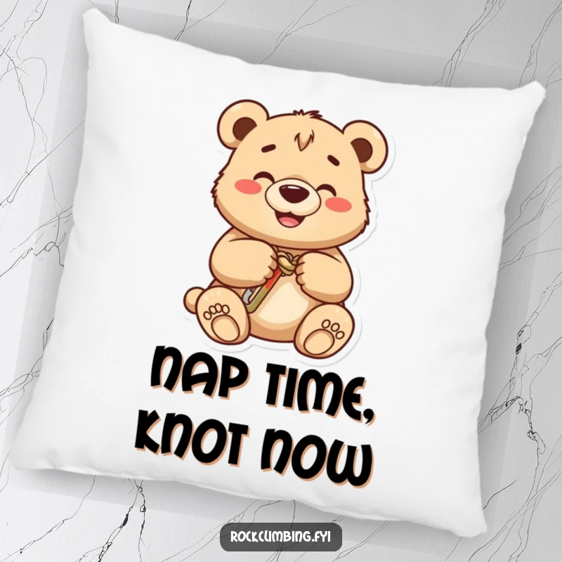 Funny bear cub pillow, a cheerful cub places a carabiner on a knot, embodying a fun and skilled climber.