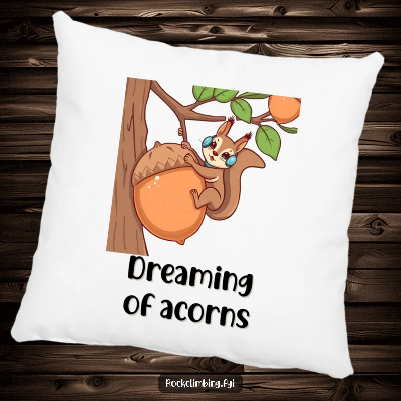 Soft pillow featuring a funny squirrel in climbing gear scaling a huge acorn, ensuring comfort.