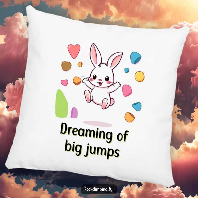 Funny rabbit pillow featuring a playful bunny jumping between small, colorful climbing holds, offering comfort and charm.