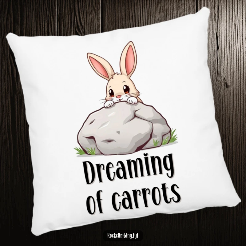 Funny Pillow featuring a soft, plush rabbit with a determined expression, curiously peeking over a large boulder, ideal for decorative comfort.