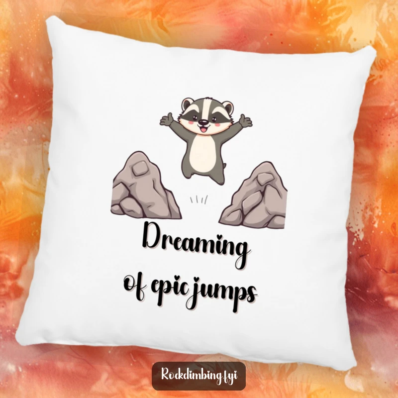 Funny pillow featuring a brave badger captured mid-leap between rocks, arms spread wide in a hilariously adventurous and dynamic pose.