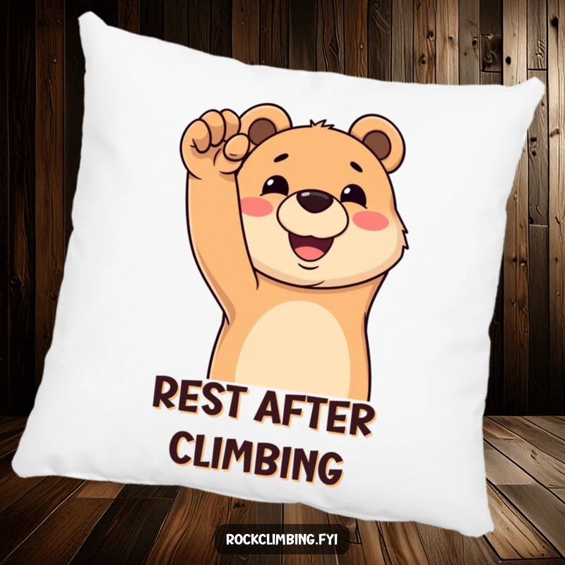 Funny pillow featuring a happy bear grinning while reaching for a challenging climbing hold, ready for a cozy moment.