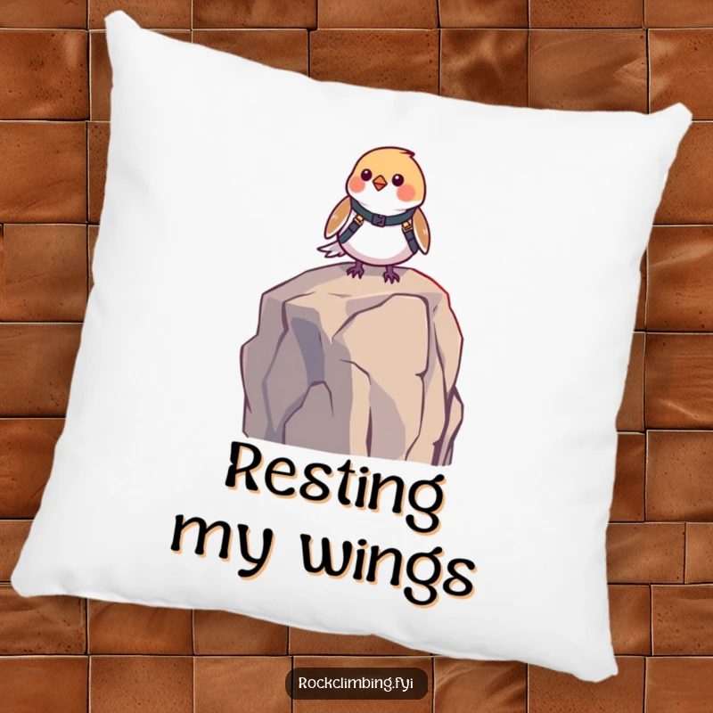 Funny bird harness pillow showing a small bird in a harness, sitting on a high rock. Soft, humorous decor, perfect as a funny gift.