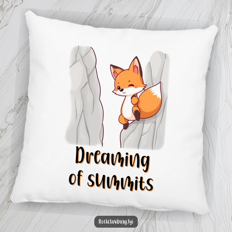 Funny pillow decorated with a determined fox pulling itself up a steep cliff face.