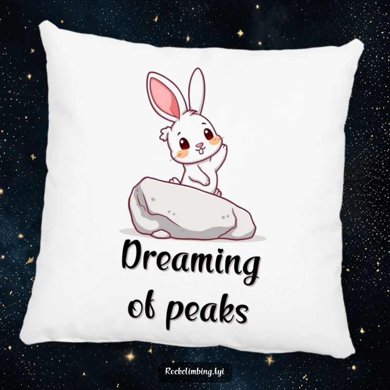 Funny pillow with a curious rabbit reaching for a colorful handhold on a boulder, offering comfort and a humorous touch.
