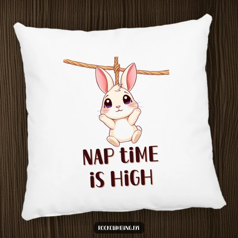 Funny Rabbit Rope Pillow: A curious rabbit dangles from a rope, wide-eyed, adding cozy and funny whimsy.