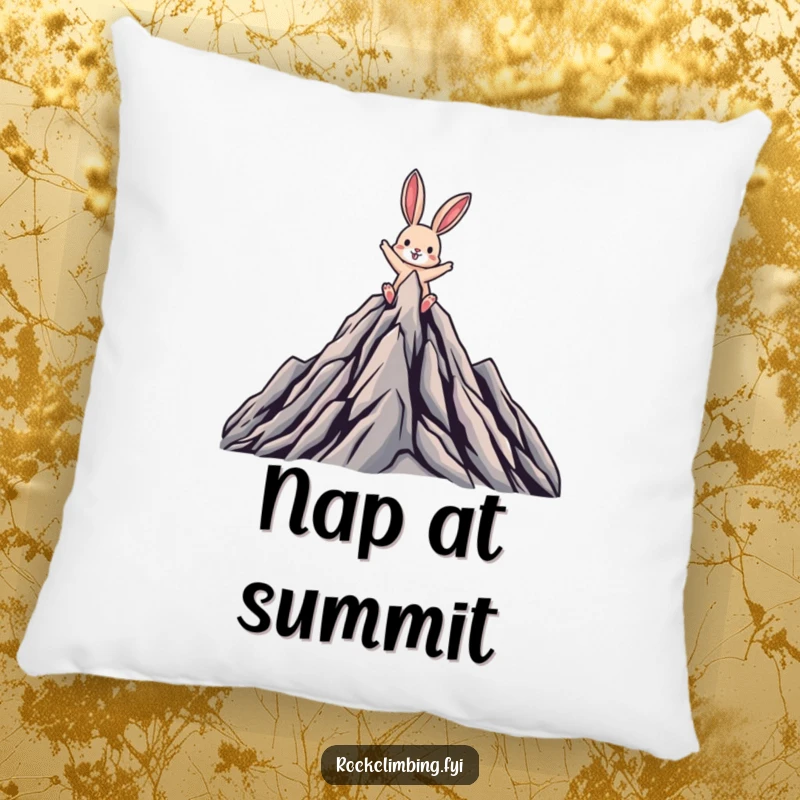 Funny pillow showcasing a triumphant rabbit at the mountain's peak, offering plush comfort and a reminder of success.