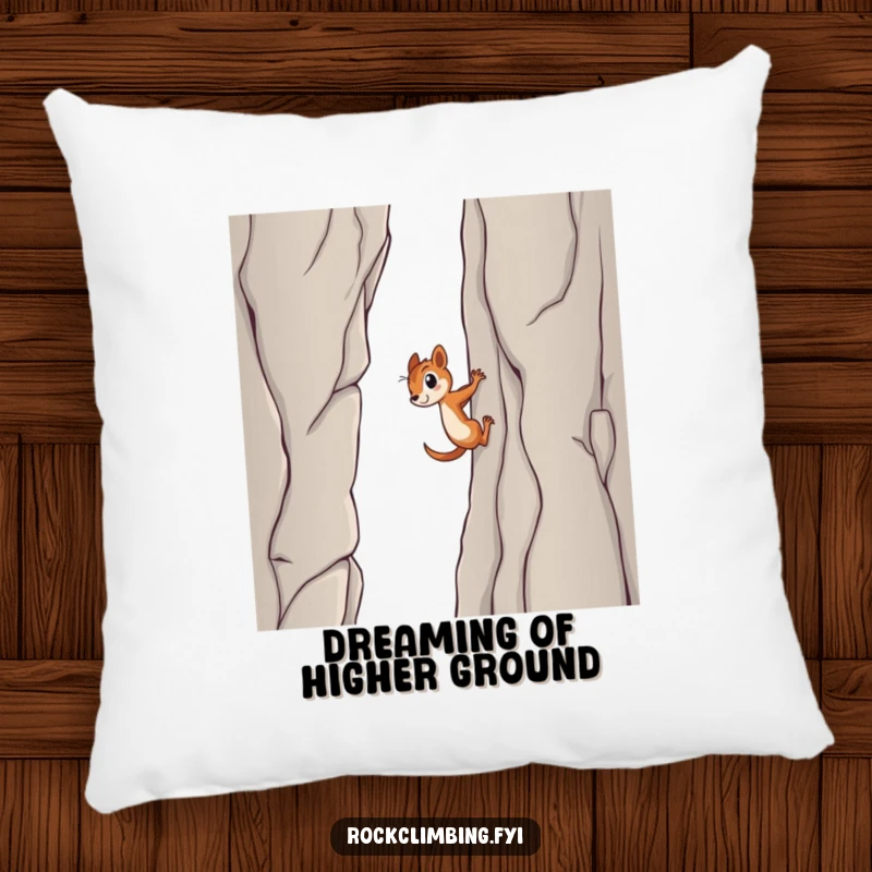 Funny squirrel pillow, showing a determined squirrel scaling a daunting cliff, bringing a touch of adventurous humor and cozy comfort to any space.
