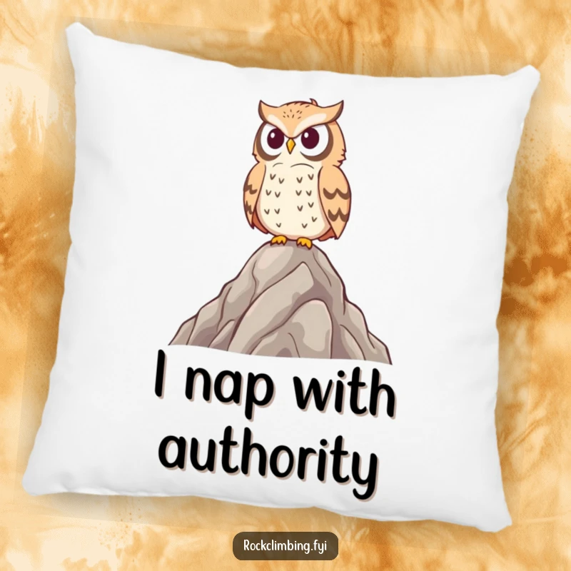 Funny owl pillow featuring a proud bird on a rocky peak, offering comfort and a humorous, wise vibe for any room.