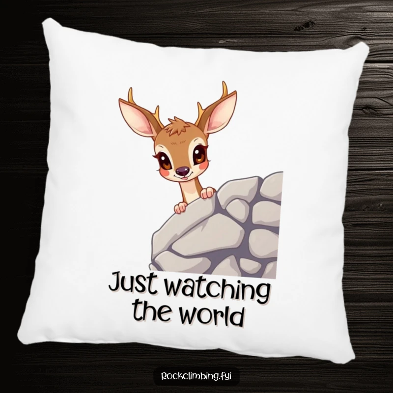 Funny deer pillow showing a wide-eyed deer peering over a ledge, offering humorous comfort and a touch of wild charm.