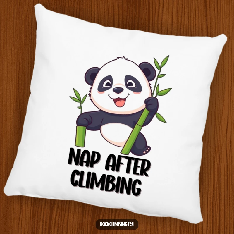 Soft pillow featuring a funny panda climbing a bamboo stalk with a determined grin.