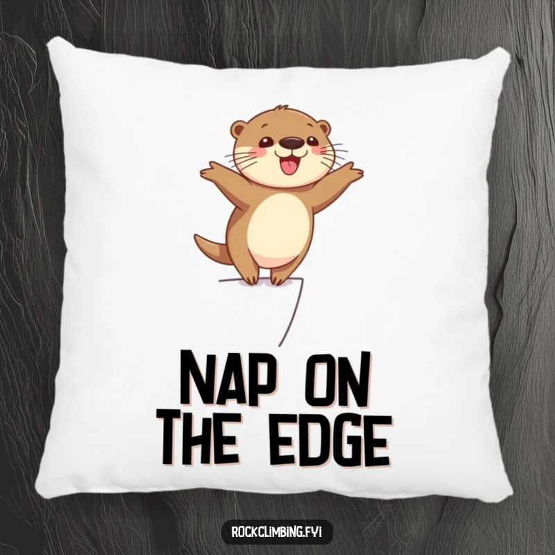 Funny cheerful otter balancing precariously on a narrow ledge with arms outstretched, looking happy and playful, a soft funny pillow.