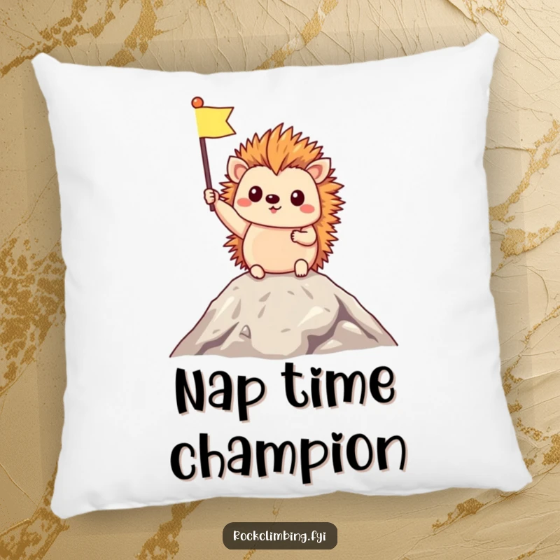 Funny Pillow with a soft hedgehog hero holding a tiny flag at a mountain's peak, offering comfort and a sense of accomplishment.