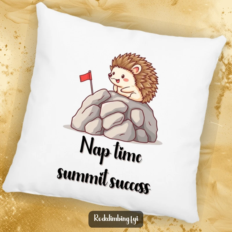 Funny pillow with a happy hedgehog planting a flag on a rocky peak, bringing cozy humor and a sense of achievement.