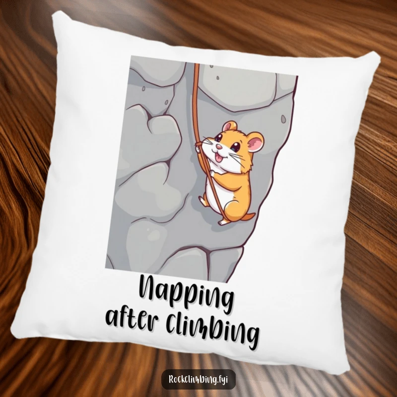 Funny pillow with a cute hamster rappelling down a rock face, providing comfort and a dose of adventurous humor.