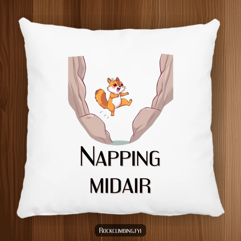 Funny determined squirrel leaping joyfully mid-air on a soft pillow, bringing playful energy indoors.