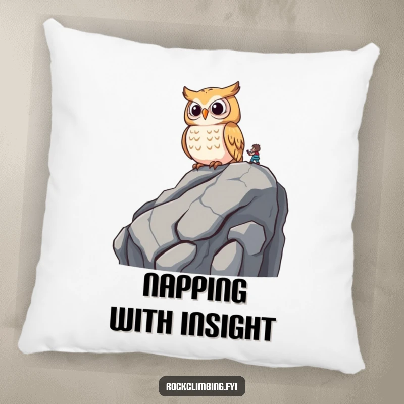 Funny wise owl perched on a rocky outcrop, observing a climber with amusement on a soft pillow.