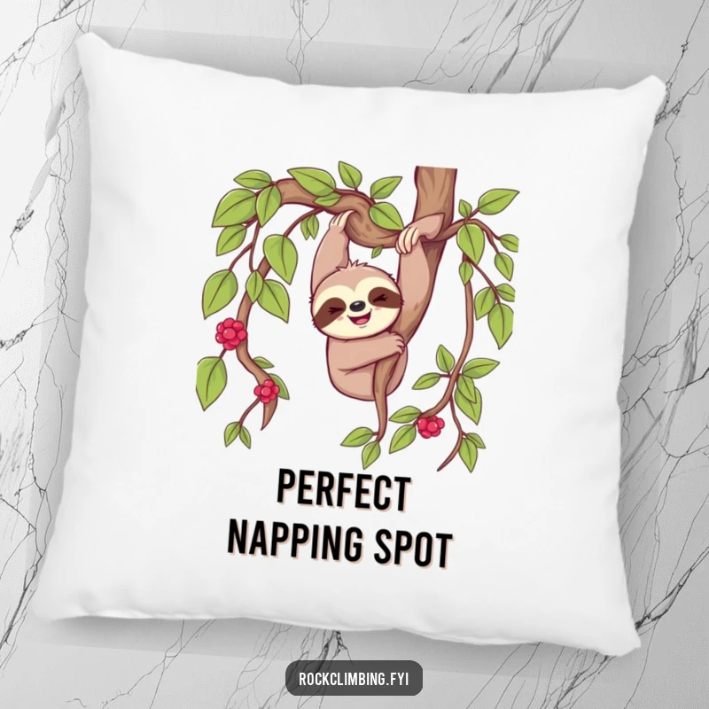 Soft pillow featuring a funny cheerful sloth happily dangling from a thick vine.