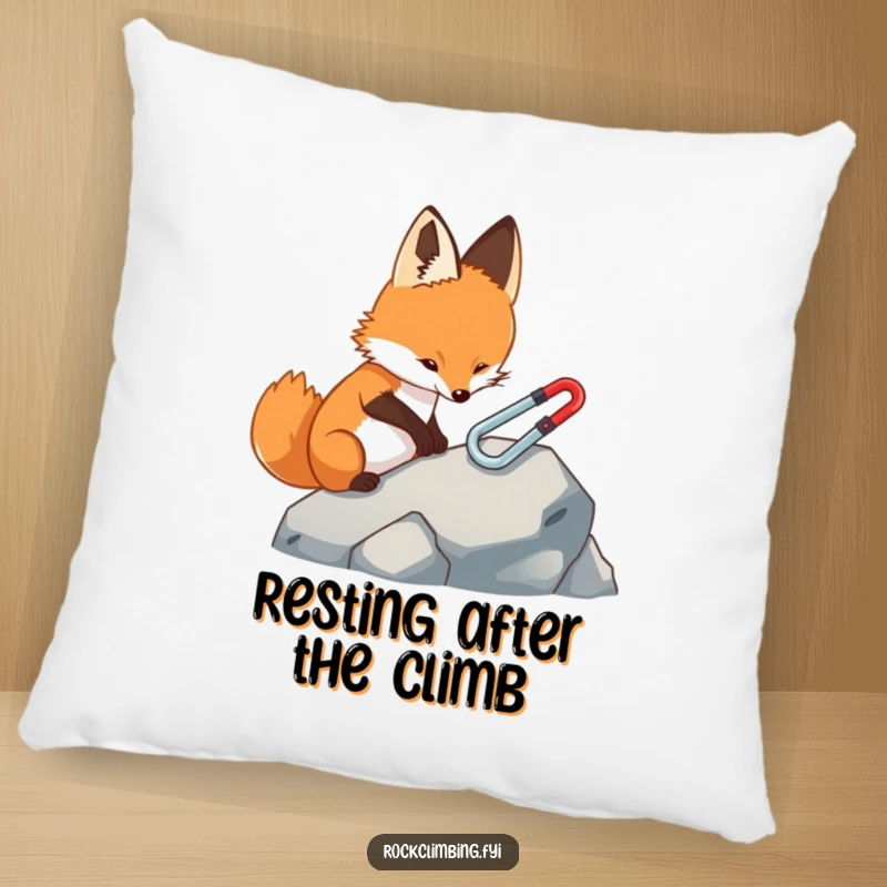 Funny fox pillow, showing a focused fox carefully placing a tiny carabiner on a rock, bringing humorous comfort and detail-oriented charm.