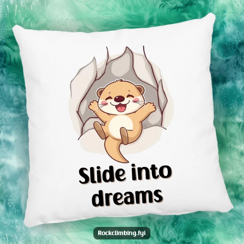Funny Otter Sliding Pillow: A joyful otter grins sliding down a rock, adding cozy and funny playfulness.