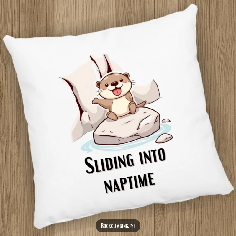 Funny otter pillow showing a joyful otter sliding down a rock face on a stone, offering humorous comfort and playful charm.