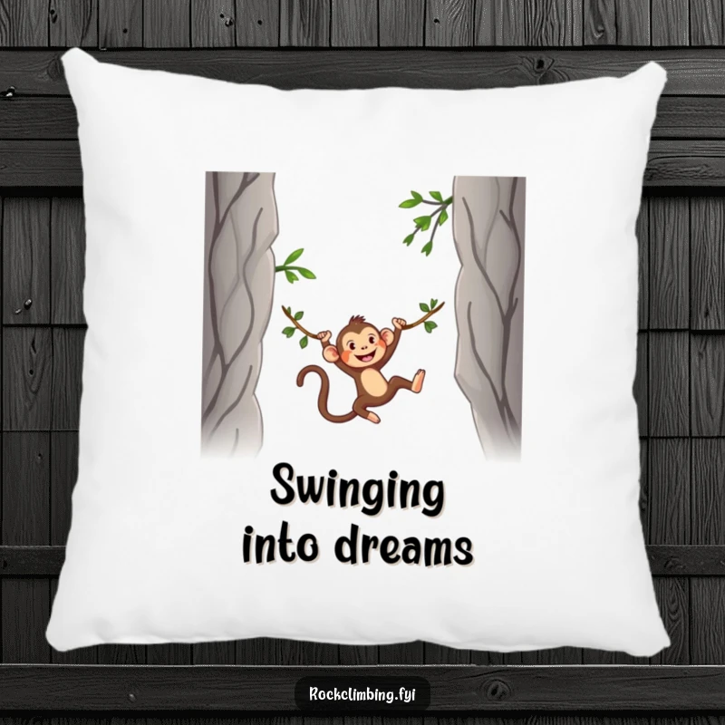 Funny Pillow featuring a soft, silly monkey character swinging on a vine between two rocky peaks, offering comfort and playful vibes.