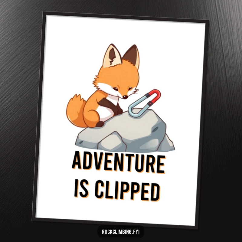 Funny fox digital art print, showing a focused fox carefully placing a miniature carabiner on a rock, perfect for adding humorous detail.