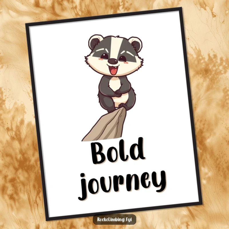 Funny digital art print of a cheerful badger confidently navigating a narrow ledge, for instant download.