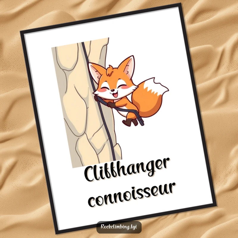 Funny Fox Rappelling Digital Art Print: An energetic fox winks while rappelling down a cliff, vibrant and humorous.