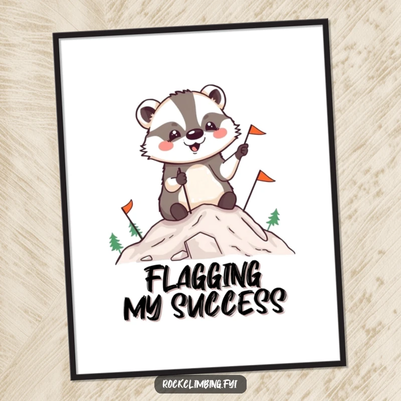 Funny badger digital art print showing a triumphant badger planting flags on a mountain peak, humorous art.