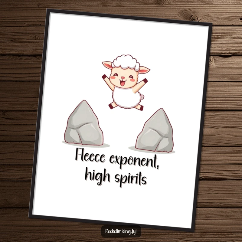 Funny digital art print of a delighted sheep joyfully leaping between two small, pointed rocks, full of happy energy.