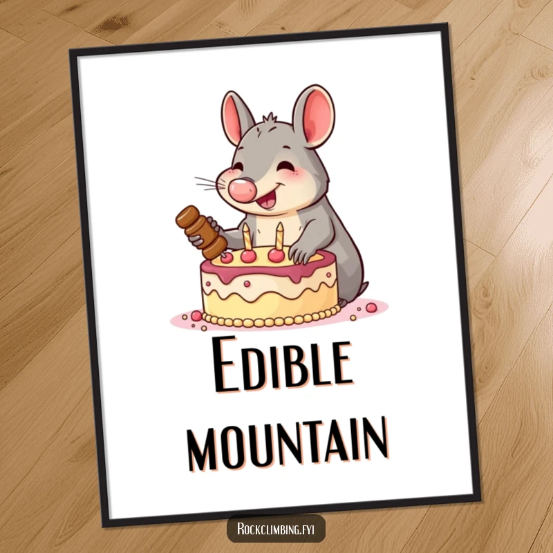Funny digital art print of a smiling aardvark enthusiastically hammering pitons into a cake, a humorous and motivational piece for instant decor.