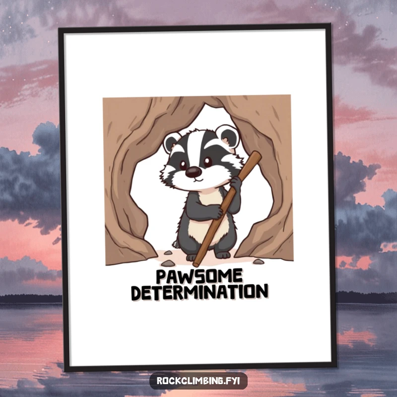 Funny badger digital art print showing a determined badger using a stick for pawholds while climbing, a humorous and downloadable piece for decor.
