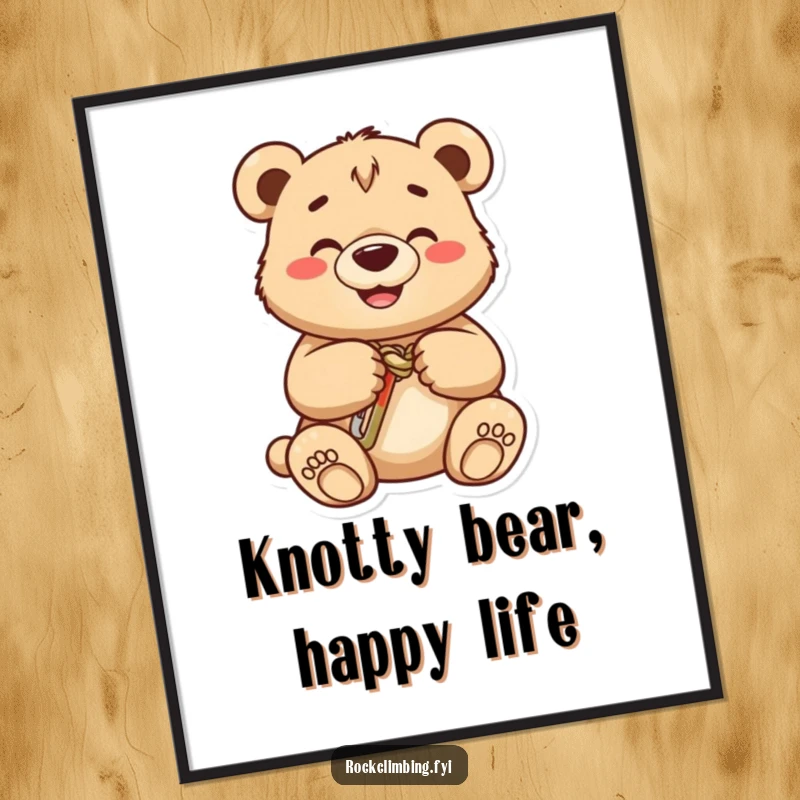 Funny bear cub digital art, a grinning cub meticulously places a carabiner on a knot, offering wall art full of charm.