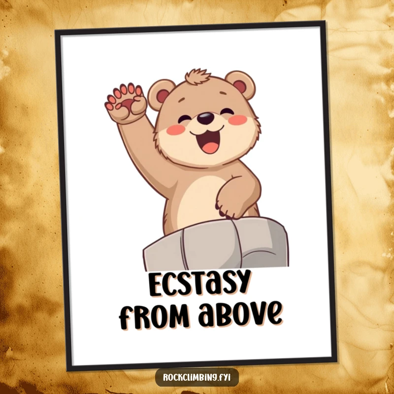 Funny bear cub digital art print, showing a joyful cub exultantly cheering from a high ledge with paws raised, radiating happiness.