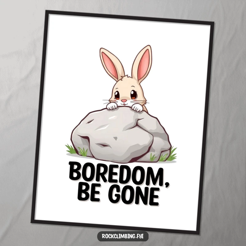 Funny Digital Art Print of a curious rabbit with a determined expression, peeking over a large boulder, ready to be printed and framed.