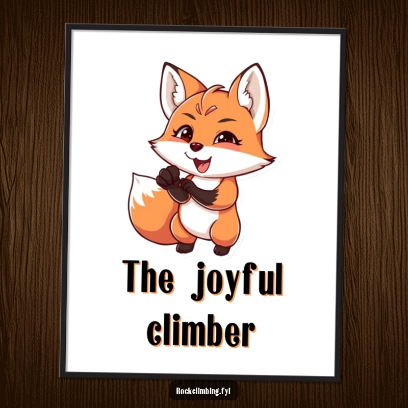 Funny charming fox reaching for a difficult handhold with intense focus and joy, embodying determination, downloadable humorous art.