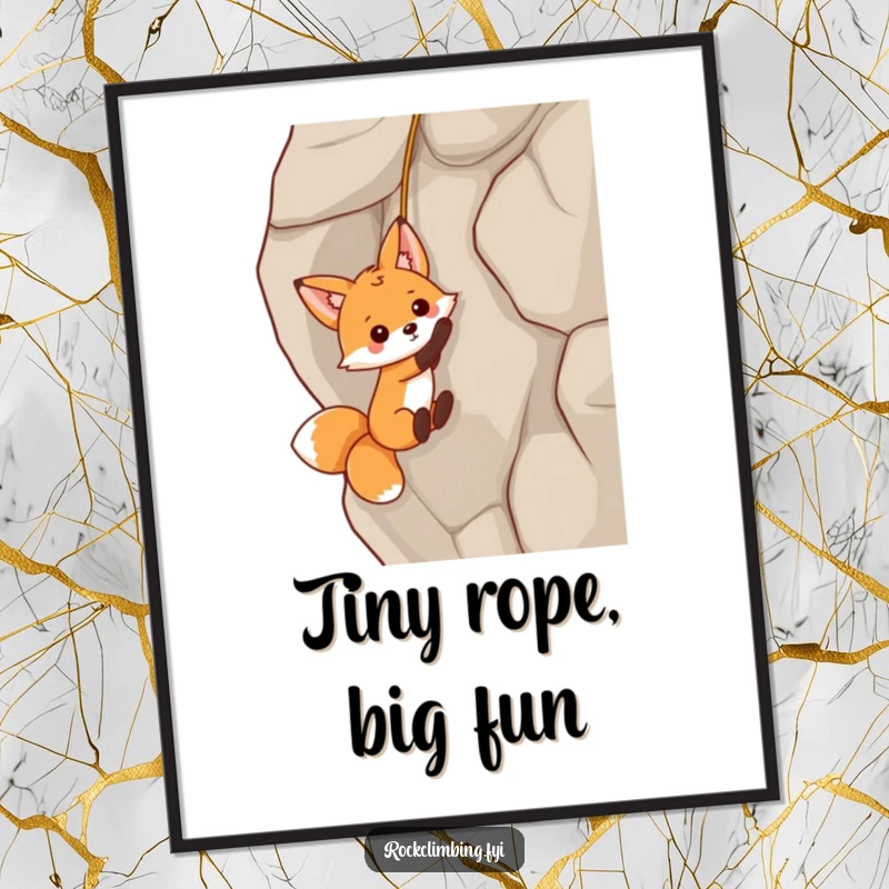 Funny fox dangling from a rock face as a downloadable art print, bringing playful humor and whimsical decor.