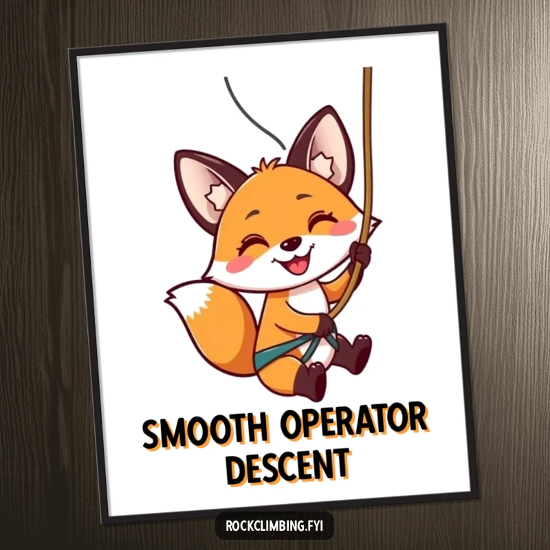 Funny digital art print of a smiling fox rappelling down a rocky cliff with a rope, full of adventurous spirit.
