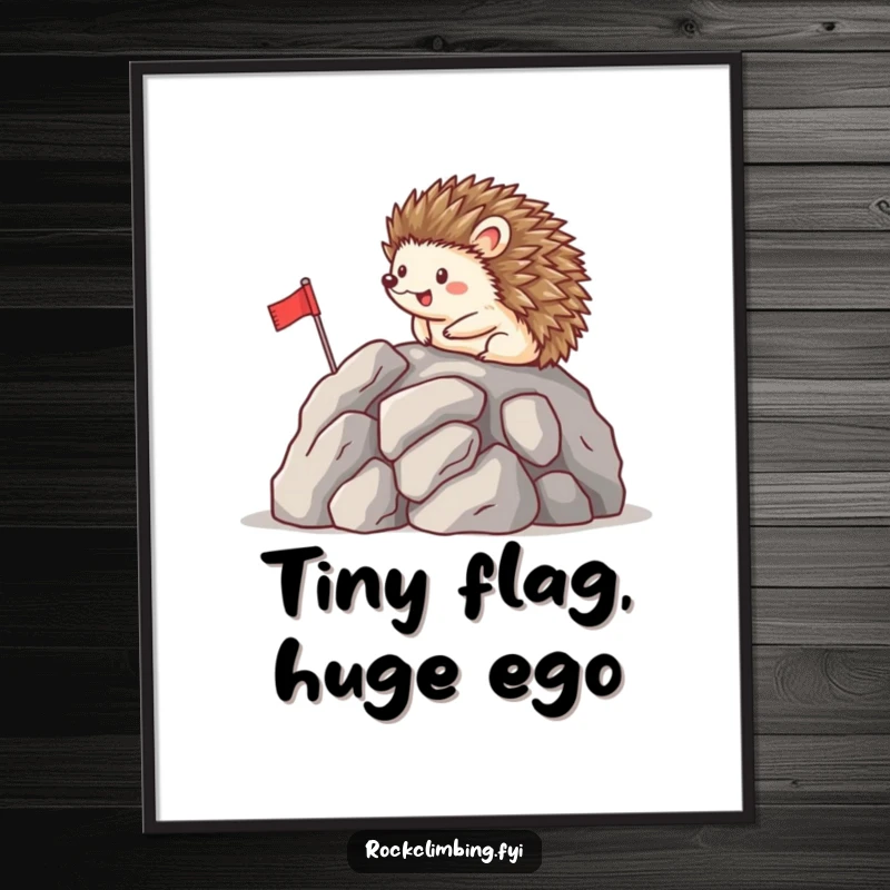 Funny digital art print of a happy hedgehog placing a tiny flag on a rocky peak, celebrating a moment of pure, humorous success.