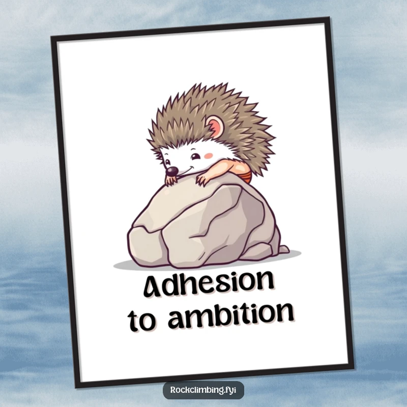 Tiny hedgehog with suction cups climbing a smooth boulder, digital art print for instant download.