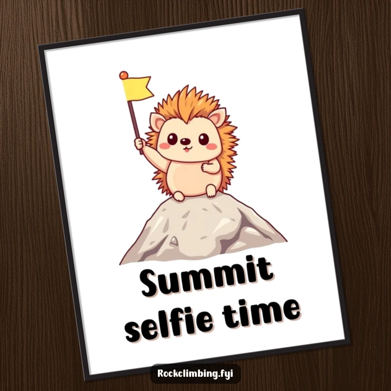 Funny Digital Art Print of a triumphant hedgehog holding a tiny flag at a mountain summit, ready for instant download and framing.