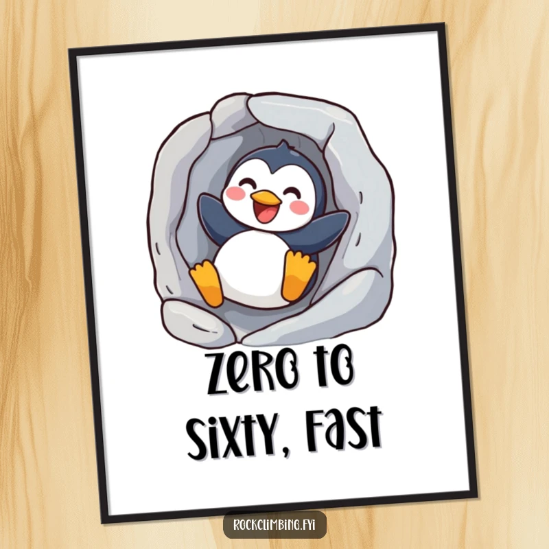 Funny joyful penguin digital art print of a happy bird sliding down a rock, conveying pure fun and energetic motion for instant decor.