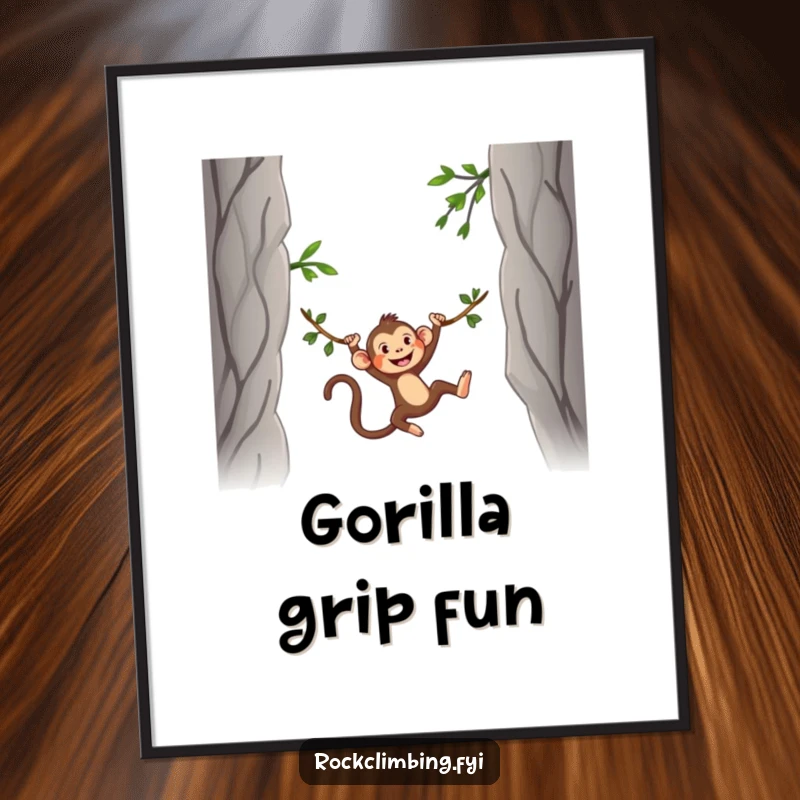 Funny Digital Art Print of a silly monkey swinging on a vine between two rocky peaks, ready for instant download and framing.