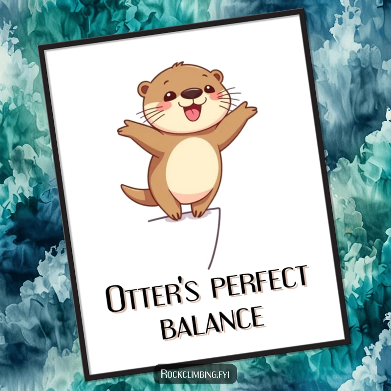 Funny cheerful otter balancing precariously on a narrow ledge with arms outstretched, looking happy and playful, downloadable humorous art.